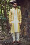 Buy_Amita Gupta_Yellow Cotton Silk Eco Print Kurta And Pant Set_Online_at_Aza_Fashions