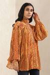 Ritu Kumar_Orange 100% Viscose Printed Jamawar Band Collar Raglan Sleeve Kurti_Online_at_Aza_Fashions