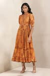 Buy_Ritu Kumar_Orange 100% Viscose Printed Jamawar V Neck Dress _at_Aza_Fashions