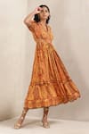 Buy_Ritu Kumar_Orange 100% Viscose Printed Jamawar V Neck Dress _Online_at_Aza_Fashions