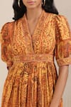 Ritu Kumar_Orange 100% Viscose Printed Jamawar V Neck Dress _at_Aza_Fashions