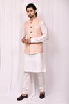 Buy_Aryavir Malhotra_Peach Art Silk Jacquard Floral Woven Bundi_at_Aza_Fashions