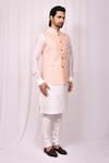 Aryavir Malhotra_Peach Art Silk Floral Embroidered Bundi Kurta Set_Online_at_Aza_Fashions