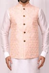 Aryavir Malhotra_Peach Art Silk Floral Embroidered Bundi Kurta Set_at_Aza_Fashions