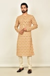 Buy_Arihant Rai Sinha_Beige Cotton Printed Geometric Floral Mandarin Collar Kurta_at_Aza_Fashions