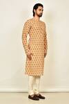 Arihant Rai Sinha_Beige Cotton Printed Geometric Floral Mandarin Collar Kurta_Online_at_Aza_Fashions