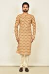 Buy_Arihant Rai Sinha_Beige Cotton Printed Geometric Floral Mandarin Collar Kurta_Online_at_Aza_Fashions