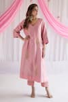 Buy_Shorshe Clothing_Pink Kurta Chanderi Embroidered Floral Motifs V Neck Tannu And Pant Set _at_Aza_Fashions