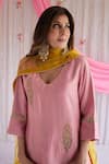 Shorshe Clothing_Pink Kurta Chanderi Embroidered Floral Motifs V Neck Tannu And Pant Set _Online_at_Aza_Fashions