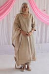 Buy_Shorshe Clothing_Beige Handloom Tissue Plain V Neck Anu Kurta And Pant Set _at_Aza_Fashions