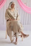 Shorshe Clothing_Beige Handloom Tissue Plain V Neck Anu Kurta And Pant Set _Online_at_Aza_Fashions