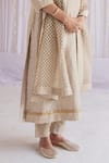 Shorshe Clothing_Beige Handloom Tissue Plain V Neck Anu Kurta And Pant Set _at_Aza_Fashions