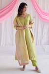 Buy_Shorshe Clothing_Green Handloom Tissue Plain V Neck Anu Kurta And Pant Set _at_Aza_Fashions