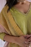 Buy_Shorshe Clothing_Green Handloom Tissue Plain V Neck Anu Kurta And Pant Set _Online_at_Aza_Fashions