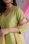 Shop_Shorshe Clothing_Green Handloom Tissue Plain V Neck Anu Kurta And Pant Set _Online_at_Aza_Fashions