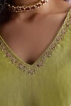 Shorshe Clothing_Green Handloom Tissue Plain V Neck Anu Kurta And Pant Set _at_Aza_Fashions