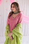 Buy_Shorshe Clothing_Pink Kurta Handloom Tissue Plain V Neck Anu Straight And Sharara Set _Online_at_Aza_Fashions