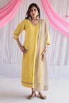 Buy_Shorshe Clothing_Yellow Handloom Tissue Plain V Neck Anu Kurta And Pant Set _at_Aza_Fashions