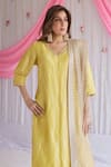 Buy_Shorshe Clothing_Yellow Handloom Tissue Plain V Neck Anu Kurta And Pant Set _Online_at_Aza_Fashions