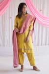 Shorshe Clothing_Yellow Handloom Cotton Embroidered Floral Motifs Band Collar Kurta And Salwar Set _Online_at_Aza_Fashions