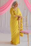 Buy_Shorshe Clothing_Yellow Tissue Stripe Chanderi V Neck Rajput Blouse _at_Aza_Fashions