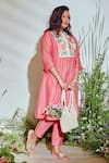 Buy_Half Full Curve_Pink Chanderi Hand Embroidered Tropical Garden Kurta And Pant Set  _at_Aza_Fashions