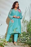 Buy_Half Full Curve_Blue Chanderi Hand Embroidered Tropical Garden Kurta And Pant Set  _at_Aza_Fashions