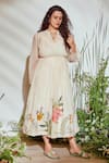 Half Full Curve_Beige Chanderi Embroidered Sequin Work V Neck Holiday Florals Dress  _Online_at_Aza_Fashions