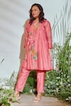 Buy_Half Full Curve_Pink Chanderi Hand Embroidered Sequin Work V Floral Kurta And Pant Set  _at_Aza_Fashions