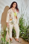 Buy_Half Full Curve_Beige Cotton Embroidered Thread Work Lapel Collar Floral Jacket And Pant Set _at_Aza_Fashions