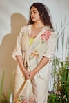 Buy_Half Full Curve_Beige Cotton Embroidered Thread Work Lapel Collar Floral Jacket And Pant Set _Online_at_Aza_Fashions