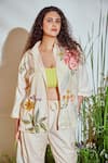 Shop_Half Full Curve_Beige Cotton Embroidered Thread Work Lapel Collar Floral Jacket And Pant Set _Online_at_Aza_Fashions