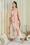 Twenty Nine_Peach Gajji Silk Tie And Dye Lapel Collar Overlay & Pant Set _Online_at_Aza_Fashions