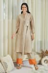 Buy_Twenty Nine_Beige Chanderi Hand Embellished Mirror And Bead Work Safari Shirt Tunic & Pant Set _at_Aza_Fashions