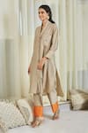 Twenty Nine_Beige Chanderi Hand Embellished Mirror And Bead Work Safari Shirt Tunic & Pant Set _Online_at_Aza_Fashions