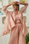 Buy_Twenty Nine_Peach Crushed Silk Tie And Dye Shawl Collar Frill Flayer Cape _Online_at_Aza_Fashions