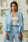 Buy_Twenty Nine_Blue Crushed Silk Tie And Dye Shawl Collar Frill Flayer Cape _at_Aza_Fashions