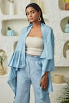Shop_Twenty Nine_Blue Crushed Silk Tie And Dye Shawl Collar Frill Flayer Cape _at_Aza_Fashions