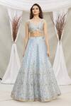 Priti Sahni Blue Blouse, Dupatta Tulle, Lehenga Raw Silk Floral Embroidered Bridal Set Online at Aza Fashions Priti Sahni_Blue Blouse, Dupatta Tulle, Lehenga Raw Silk Floral Embroidered Bridal Set _Online_at_Aza_Fashions