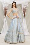 Buy Priti Sahni Blue Blouse, Dupatta Tulle, Lehenga Raw Silk Floral Embroidered Bridal Set Online at Aza Fashions Buy_Priti Sahni_Blue Blouse, Dupatta Tulle, Lehenga Raw Silk Floral Embroidered Bridal Set _Online_at_Aza_Fashions