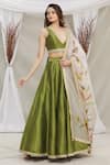 Priti Sahni_Green Embroidered Floral Plunge V Neck Raw Silk Lehenga Set _Online_at_Aza_Fashions