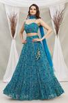 Buy_Priti Sahni_Blue Blouse  Georgette, Dupatta  Tulle, Lehenga Gond Tribal Art Print Set_at_Aza_Fashions