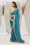 Buy_Priti Sahni_Blue Blouse  Raw Silk, Saree  Geoegette Gond Tribal Art Print Plunge V Set_at_Aza_Fashions