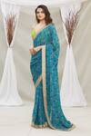 Buy_Priti Sahni_Blue Blouse  Raw Silk, Saree  Geoegette Gond Tribal Art Print Plunge V Set_Online_at_Aza_Fashions