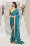 Shop_Priti Sahni_Blue Blouse  Raw Silk, Saree  Geoegette Gond Tribal Art Print Plunge V Set_Online_at_Aza_Fashions