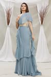 Buy_Priti Sahni_Blue Saree Georgette Embroidered Mirror Draped Ruffle With Blouse _Online_at_Aza_Fashions