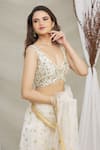 Buy_Priti Sahni_White Blouse  Raw Silk, Saree  Tulle Sequin Work Plunge V Embroidered With _Online_at_Aza_Fashions
