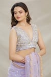 Buy_Priti Sahni_Blue Blouse  Raw Silk, Saree Tulle Sequin Work V Neck Embroidered With _Online_at_Aza_Fashions