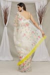 Shop_Priti Sahni_White Blouse  Raw , Saree  Organza Floral V Neck Hand Painted With _at_Aza_Fashions