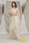 Buy_Priti Sahni_White Blouse  Raw , Saree  Organza Floral V Neck Hand Painted With _Online_at_Aza_Fashions